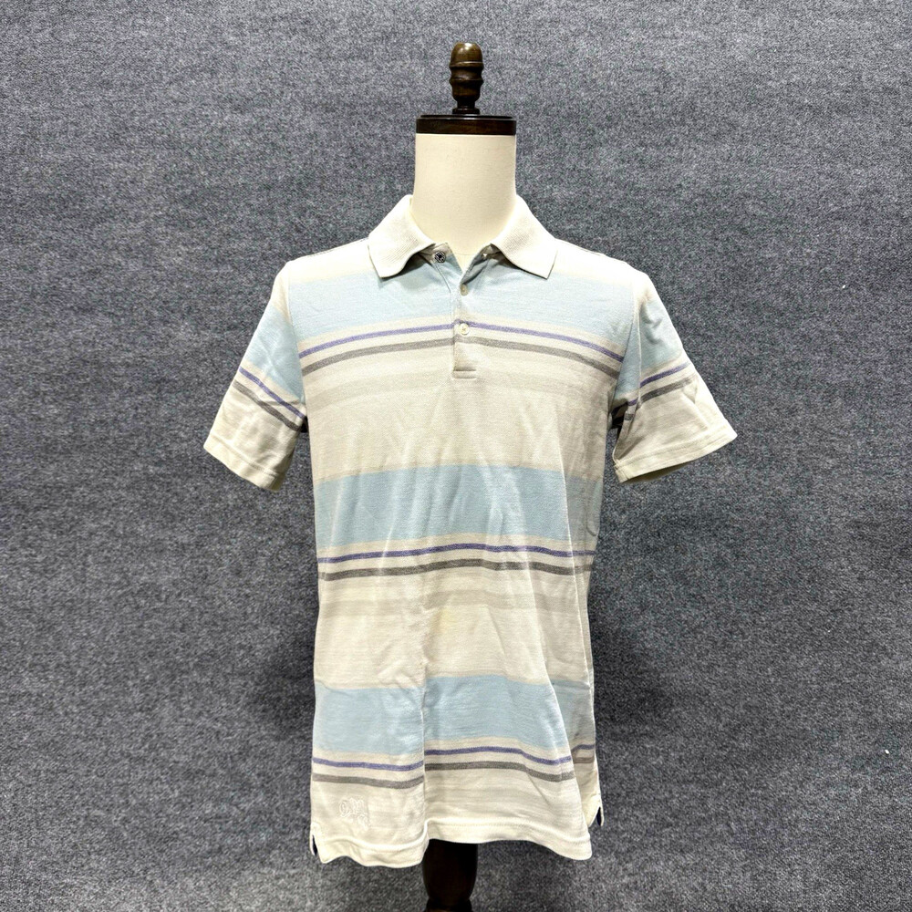 Quiksilver Waterman Men’s Medium Polo Shirt Blue White Gray Striped Short Sleeve